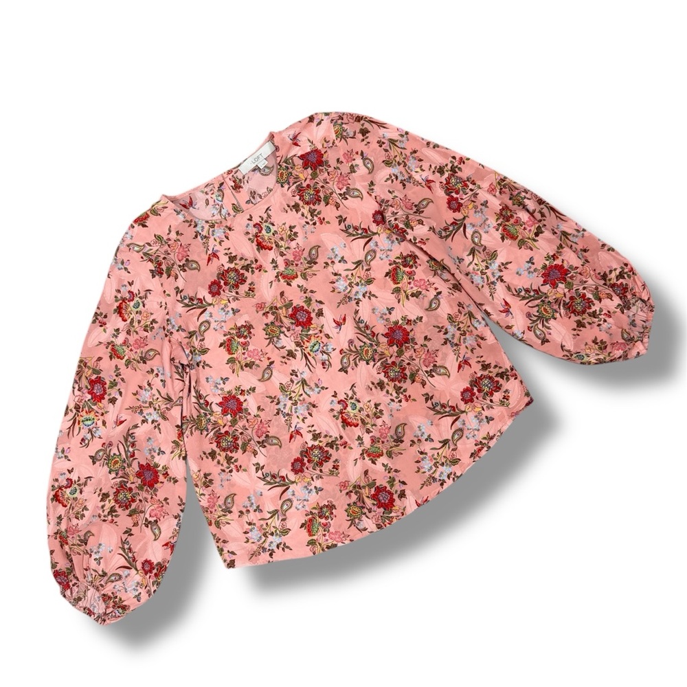 Loft Floral Jacquard Ballon Sleeve Blouse Pink Satin Boho Career Cottagecore S - Picture 13 of 13
